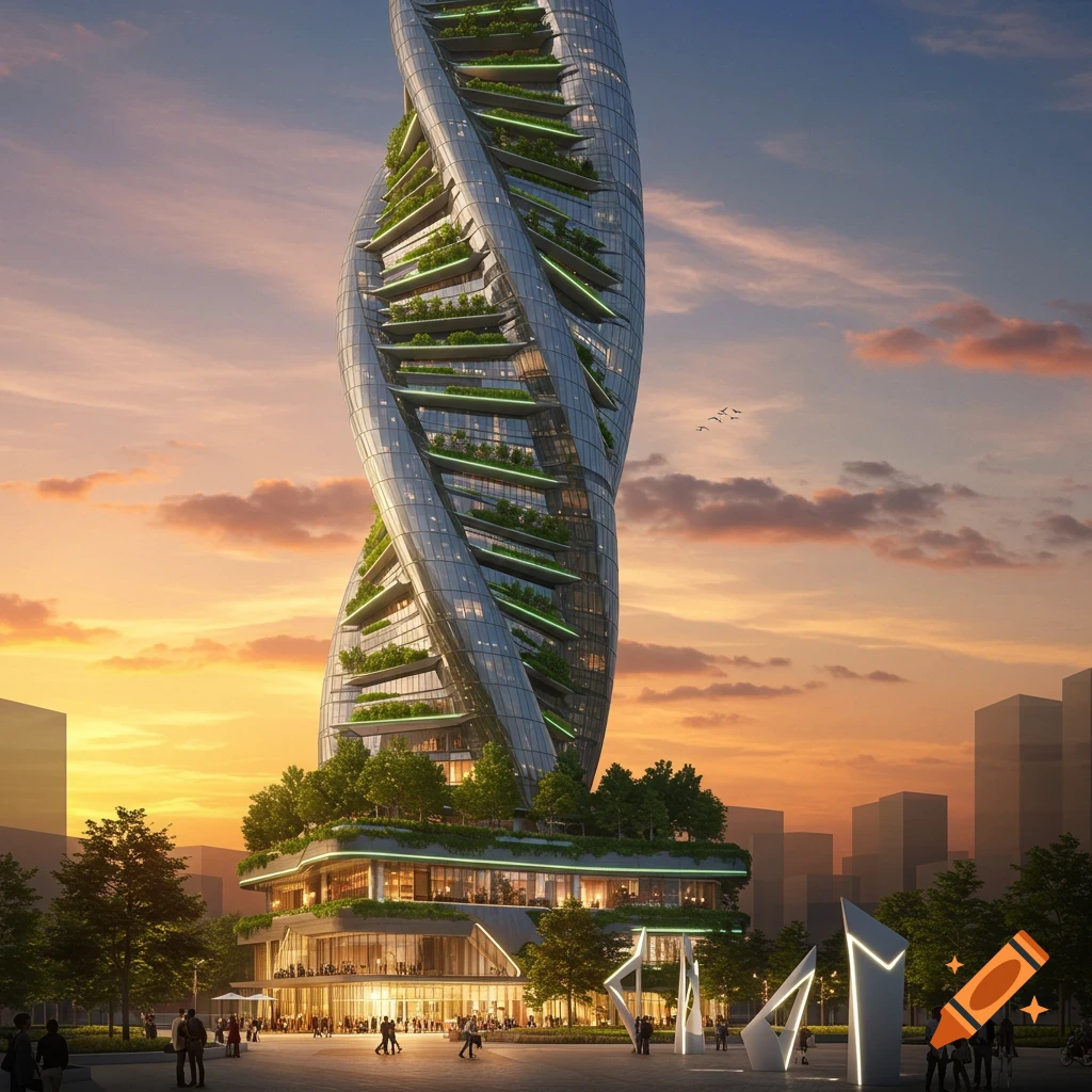 A futuristic twisted skyscraper with green terraces and a lively plaza at sunset, rendered photorealistically.