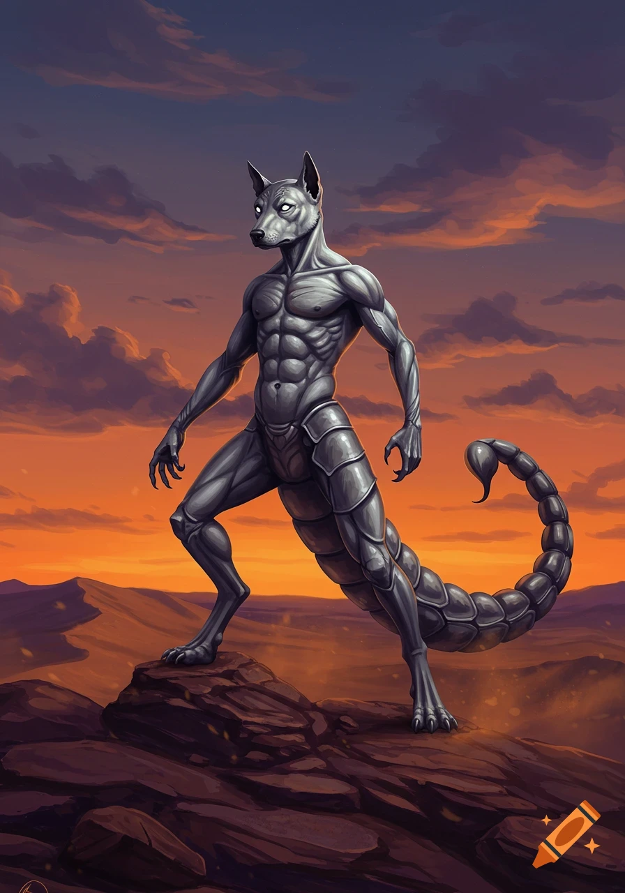 A muscular grey anthropomorphic dog-scorpion hybrid stands on a rocky outcrop against a vibrant desert sunset.
