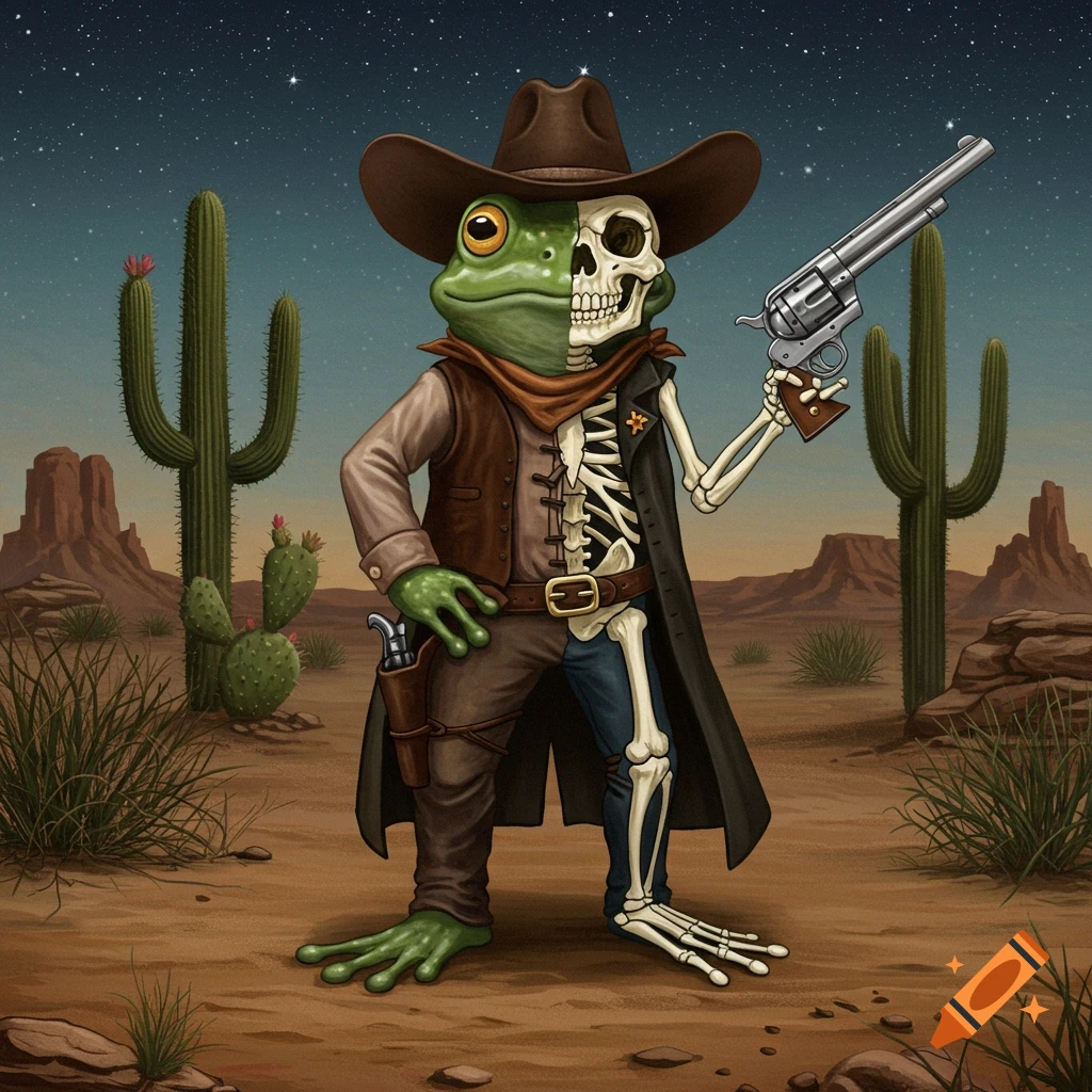 A half-frog, half-skeleton cowboy in a desert, holding a revolver, with cacti and mountains in the background.