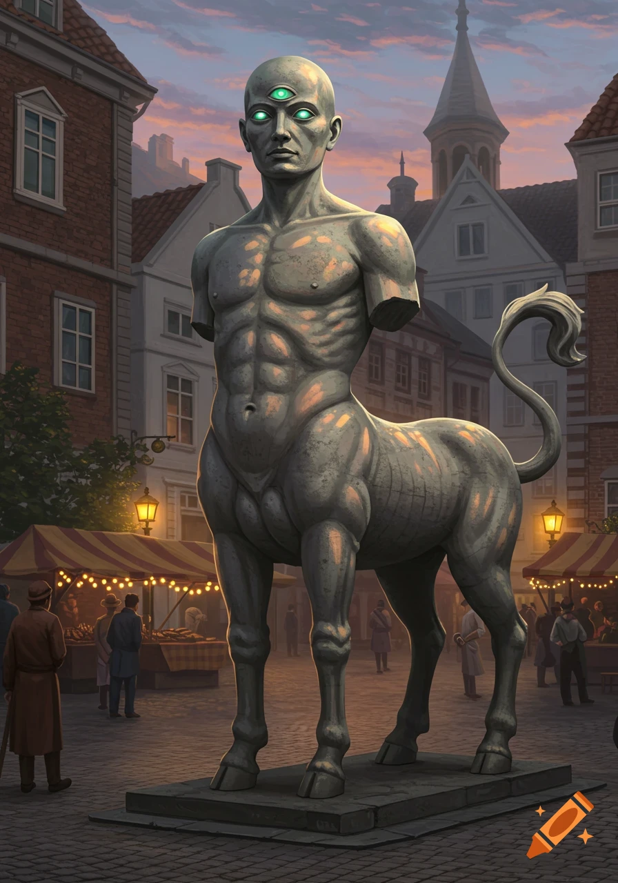 A detailed statue of a bald, muscular man with three glowing eyes and a horse's body and tail stands in a bustling town square at dusk.