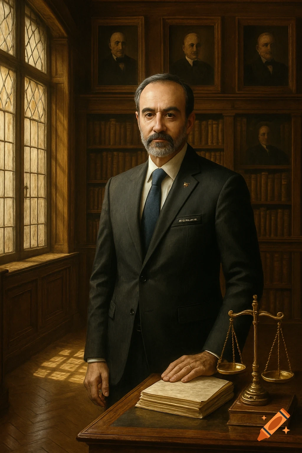 A serious man in a dark suit stands in a wood-paneled law office with legal scales on a desk.