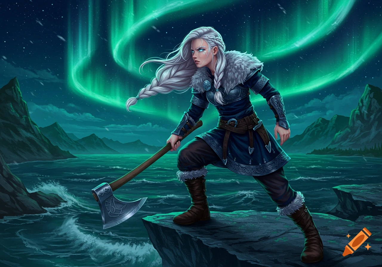 An anime-style female viking warrior with white braids holds an axe on a cliff overlooking a stormy sea under the aurora borealis.