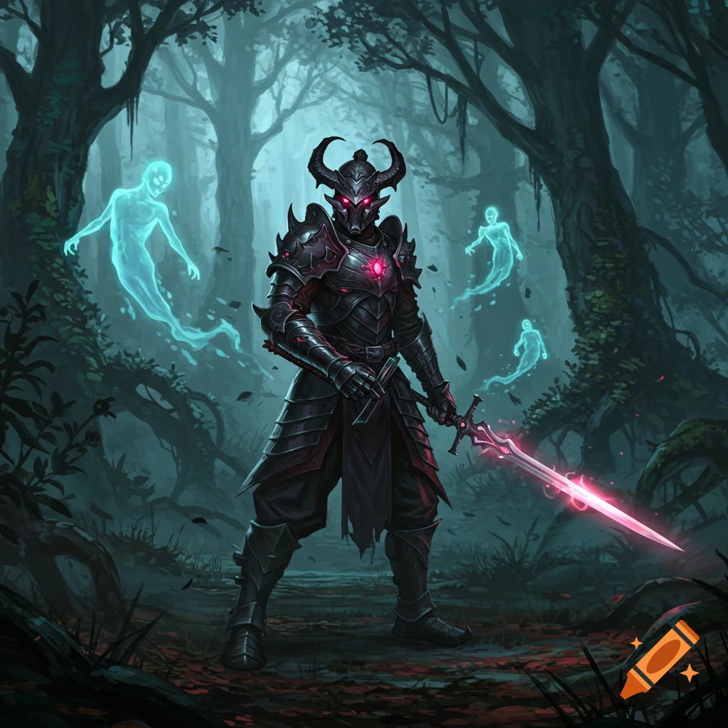A horned warrior in dark armor holds a glowing pink sword in a misty, dark forest as blue spirits float around.