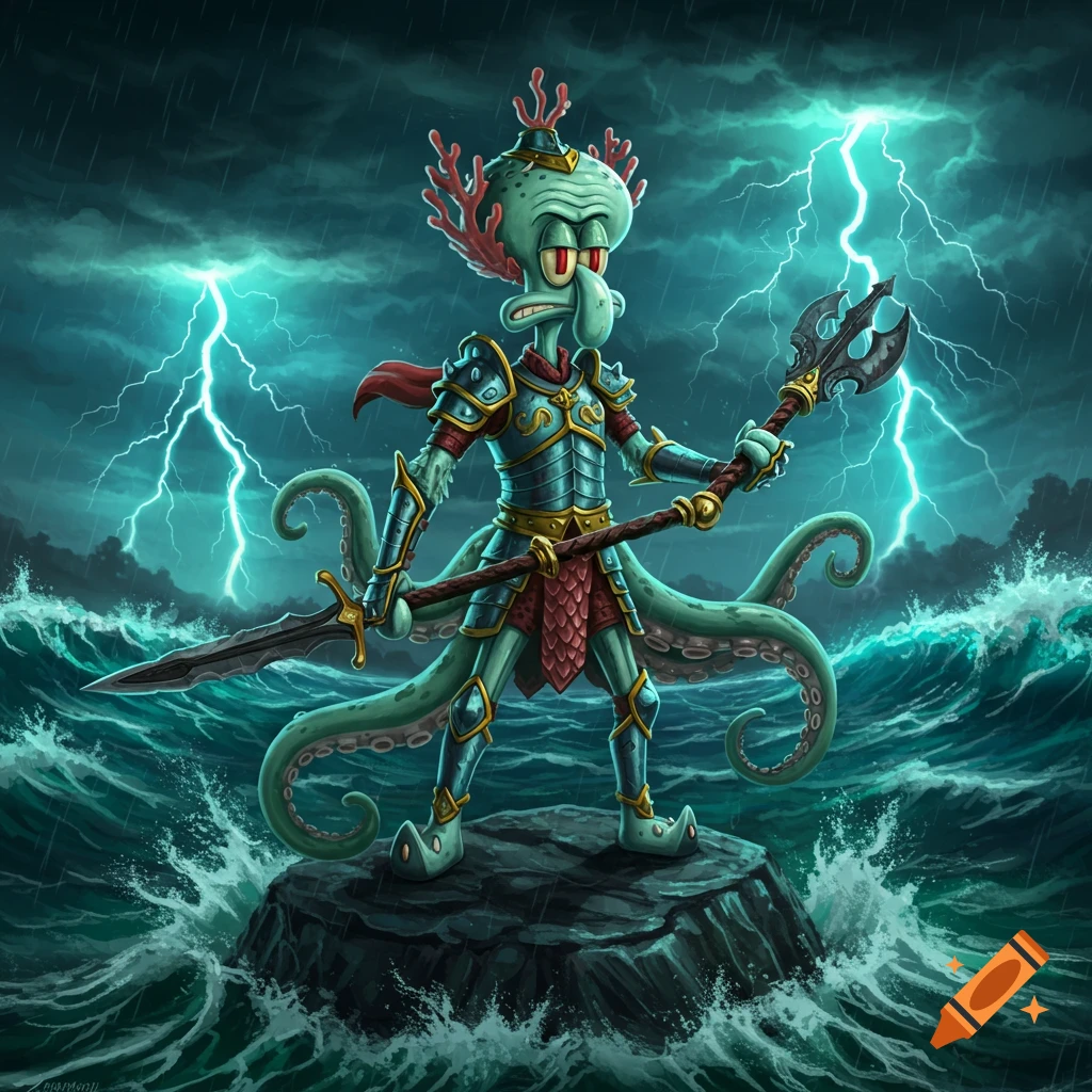 Squidward in ornate armor, holding a spear and trident, stands on a rock in a stormy sea with lightning striking.