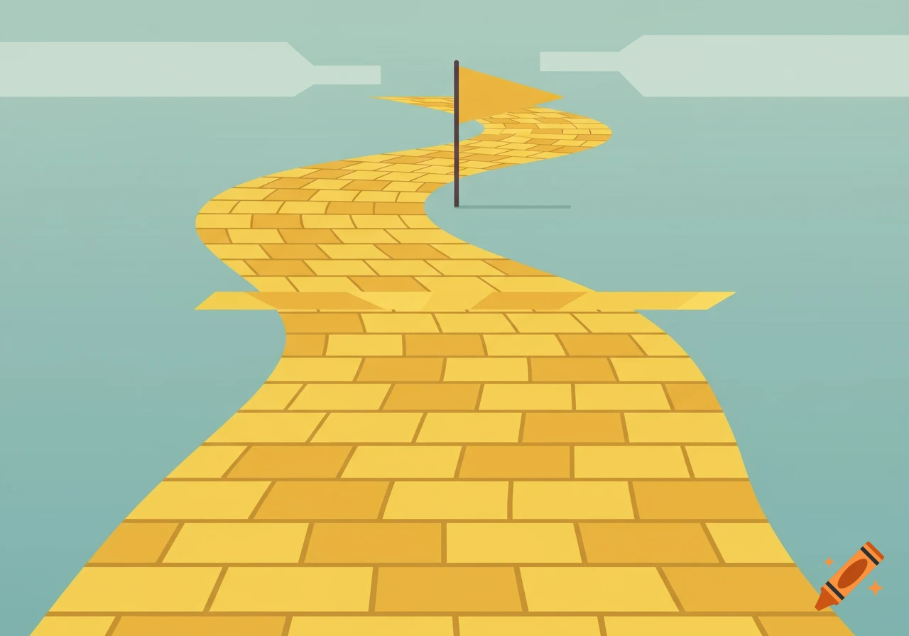 A winding yellow brick road leads to a flag in the distance under a blue sky, in a flat illustration style.
