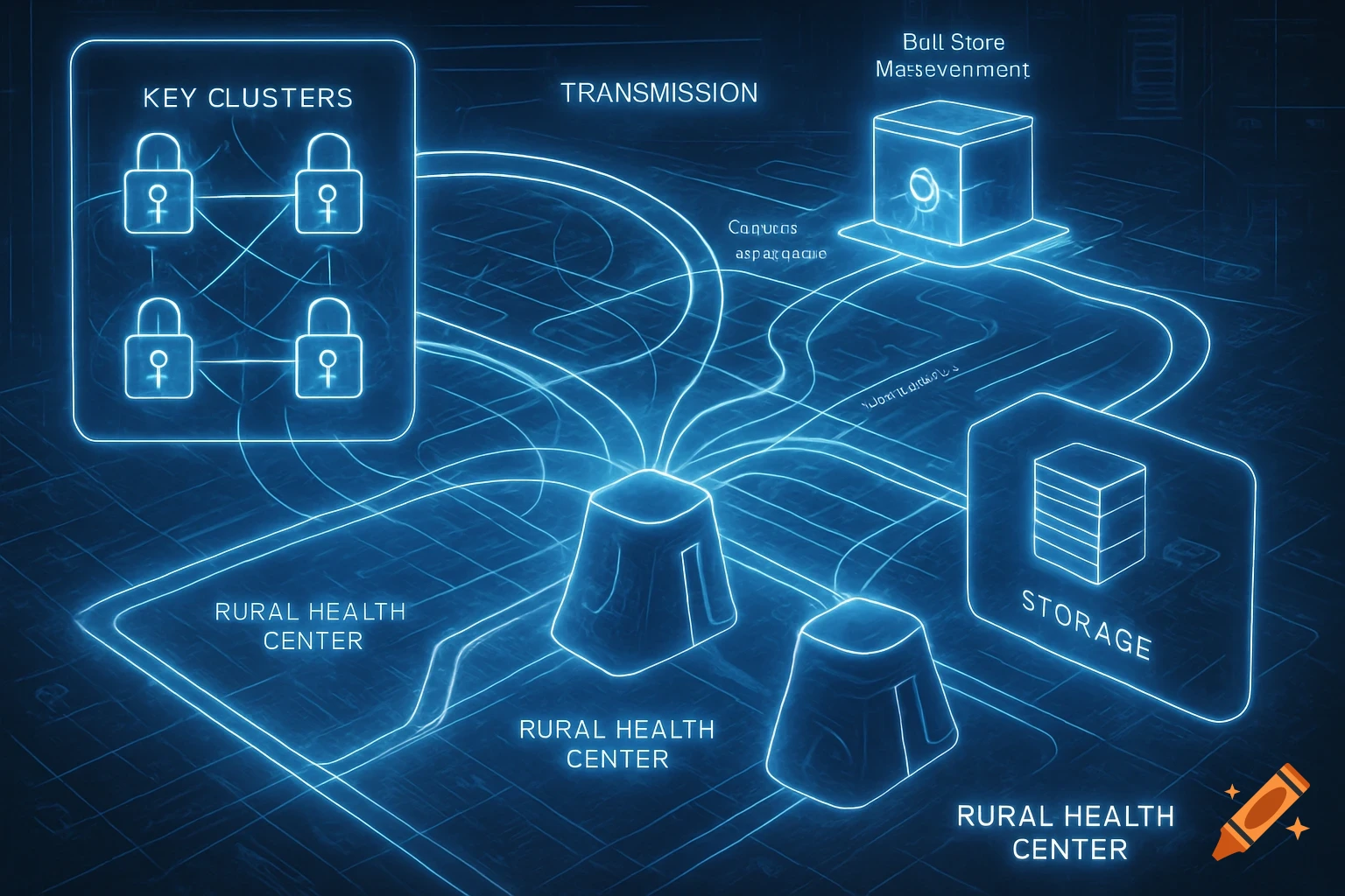 A glowing blue schematic diagram shows a network with components like "KEY CLUSTERS," "TRANSMISSION," "STORAGE," and multiple "RURAL HEALTH CENTER" nodes, connected by flowing lines.