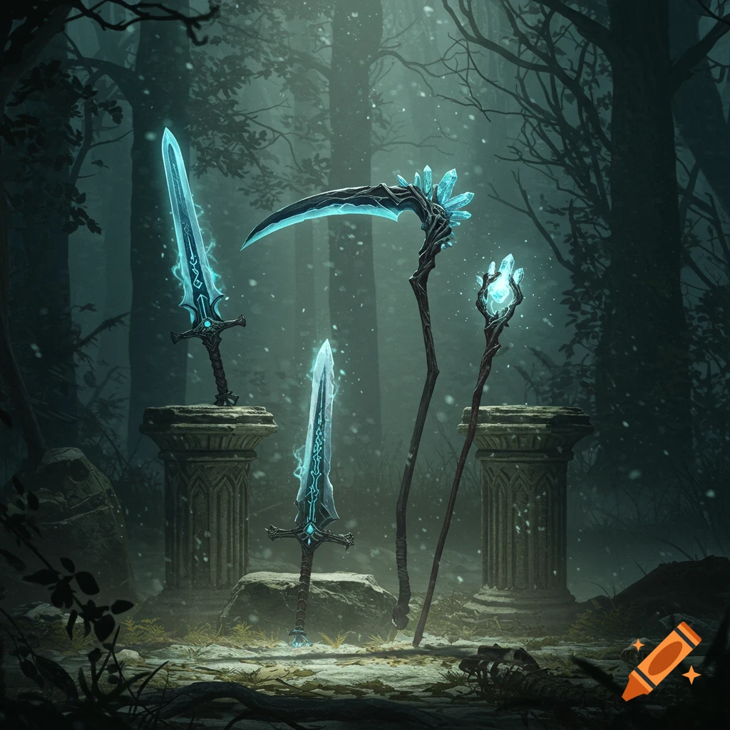 Glowing fantasy weapons on ancient pillars in a dark, snowy forest, with a scythe and staff.