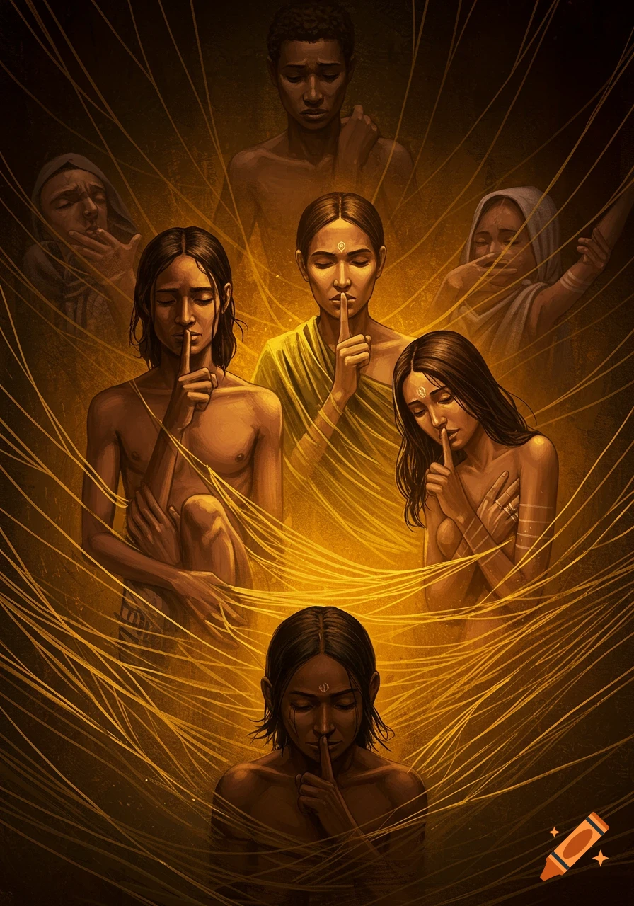 A dark, painterly illustration of multiple diverse people, many making a shush gesture, entangled in glowing golden threads.