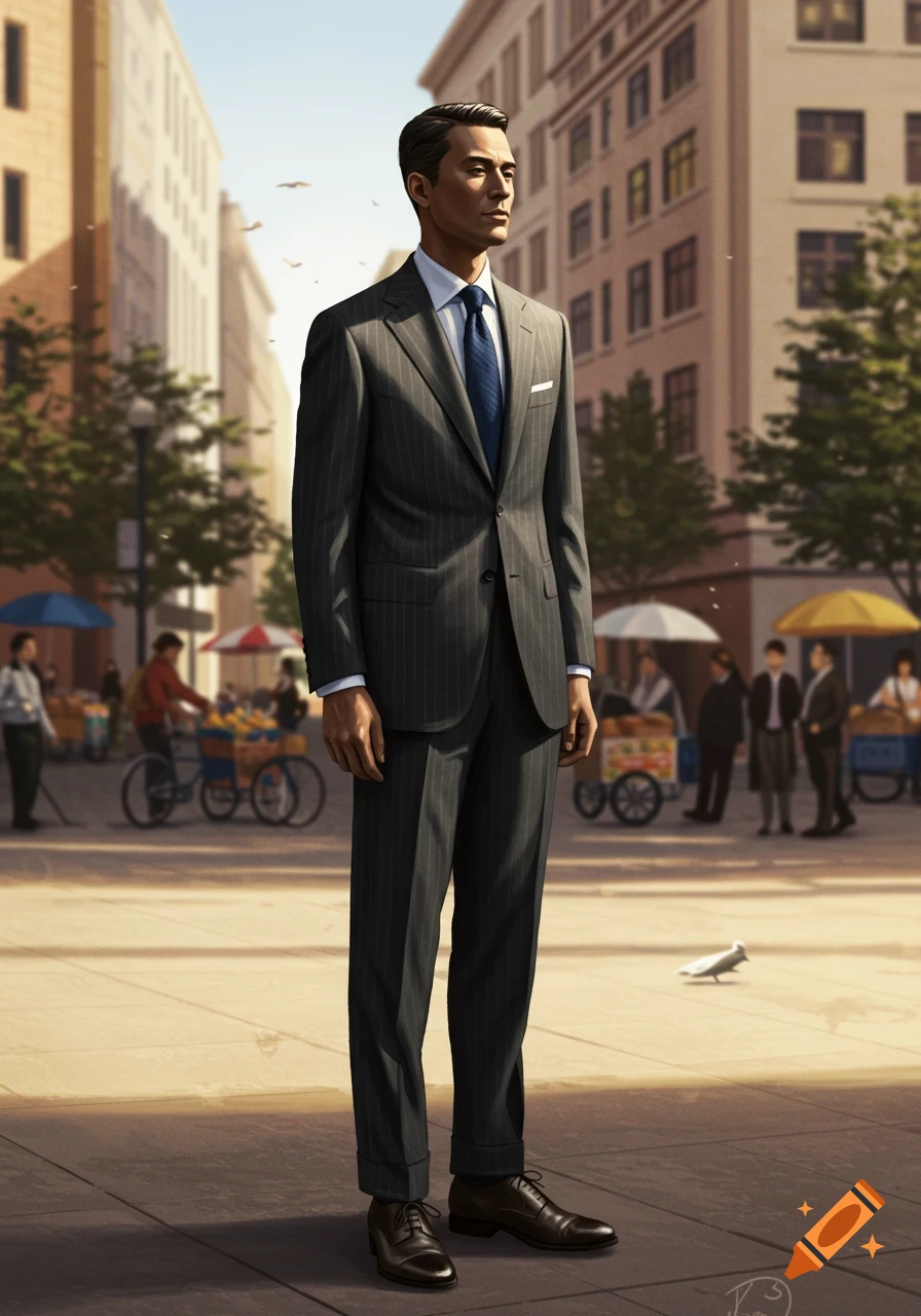 A photorealistic image of a stylish man in a pinstripe suit standing on a sunny city street.