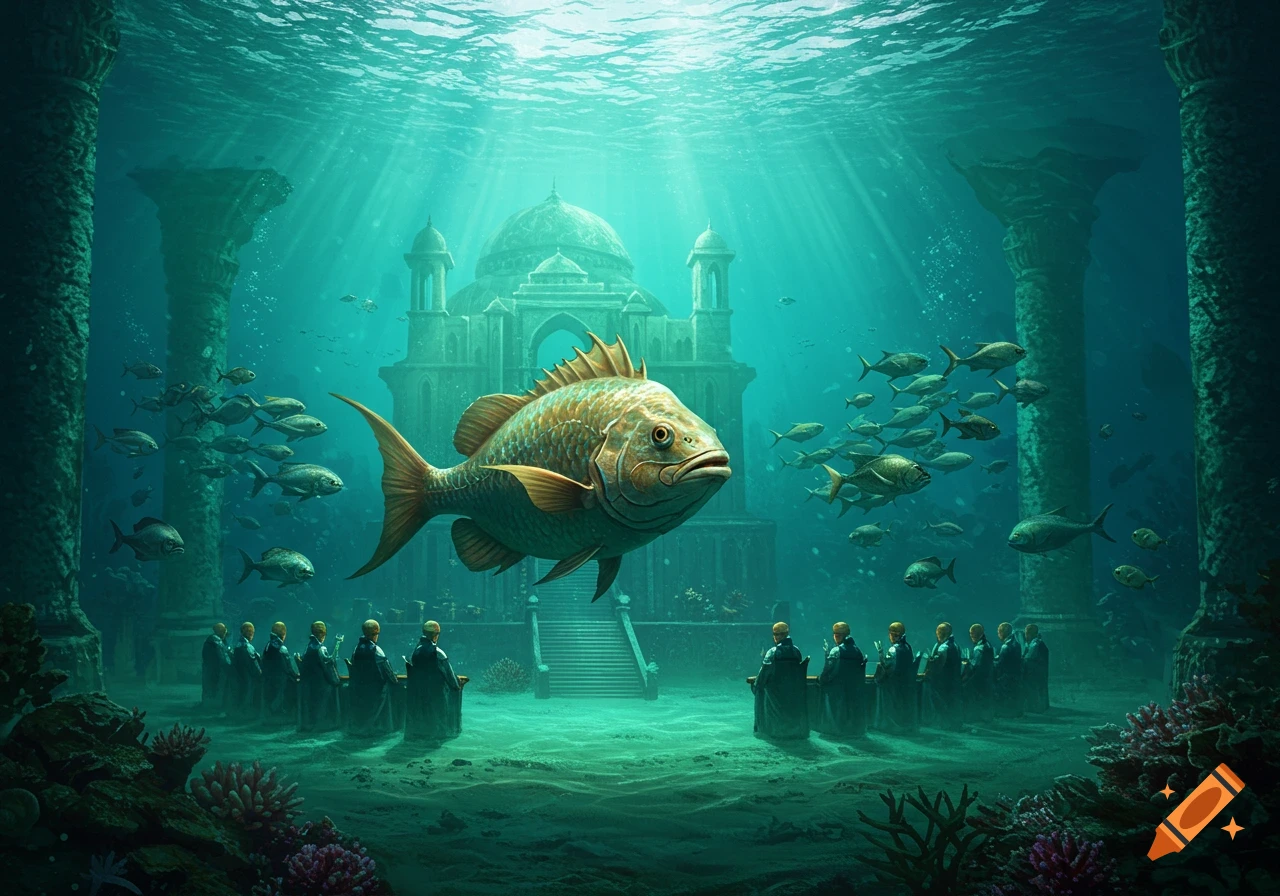A giant fish swims before an ornate underwater temple and robed figures, bathed in light rays, in a fantasy illustration.