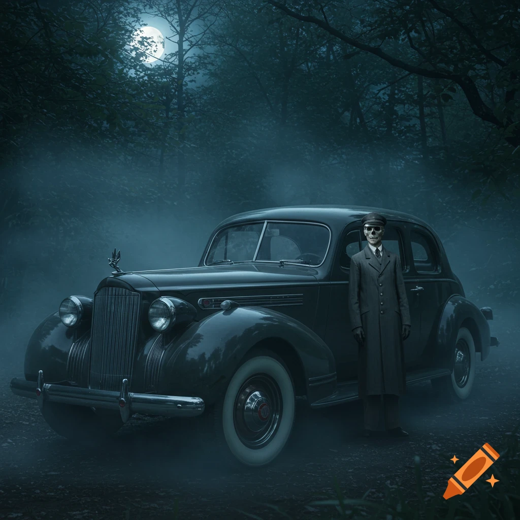 Skeleton-faced chauffeur in a grey uniform stands by a vintage black car in a foggy, moonlit forest.