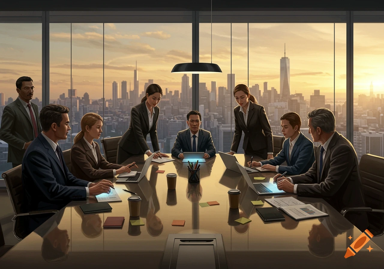 Diverse business professionals in a modern boardroom meeting, overlooking a city skyline at sunset. Photorealistic style.