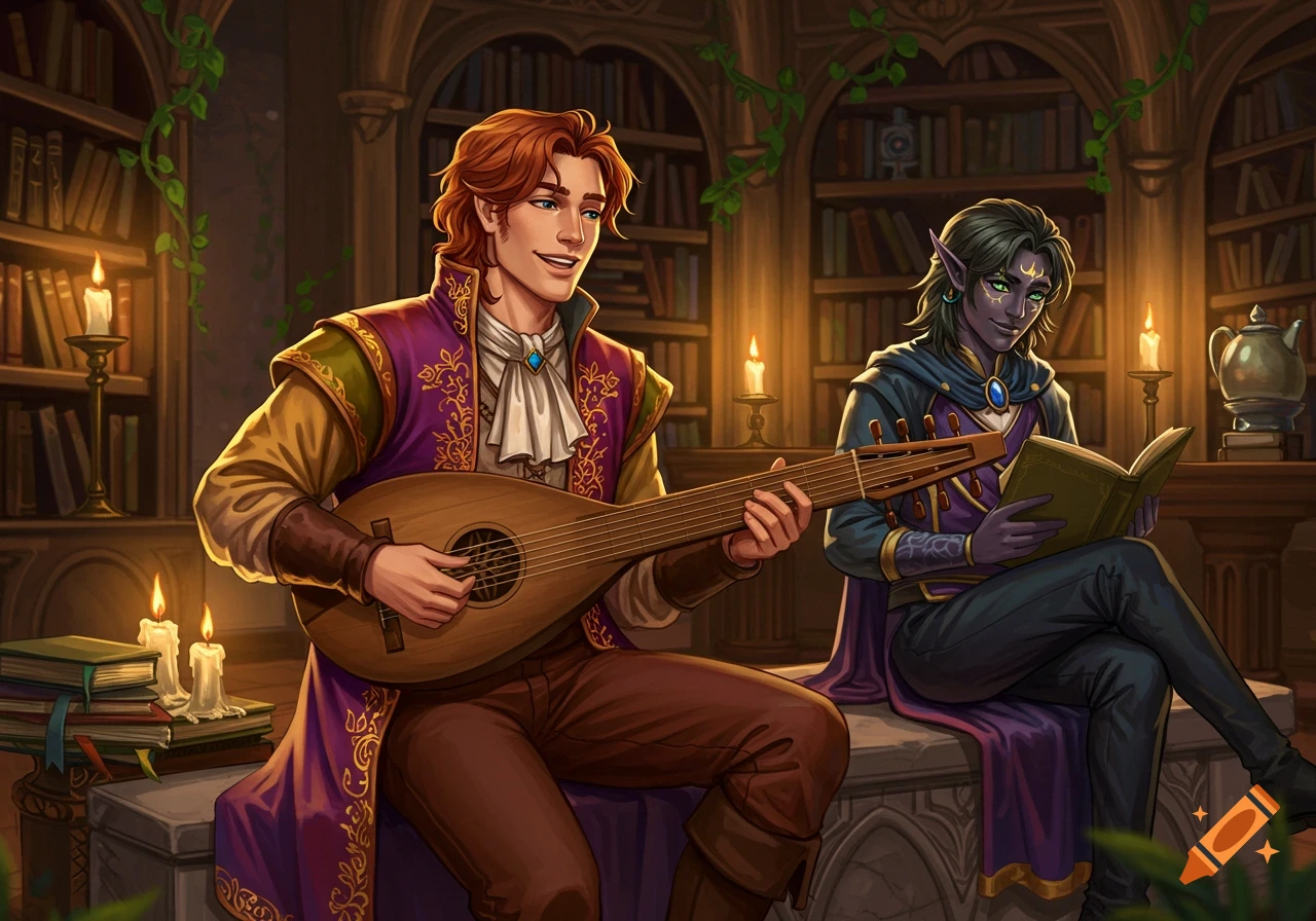 Two male fantasy characters, one playing a lute and another reading, in a cozy, candlelit library. Detailed digital painting.