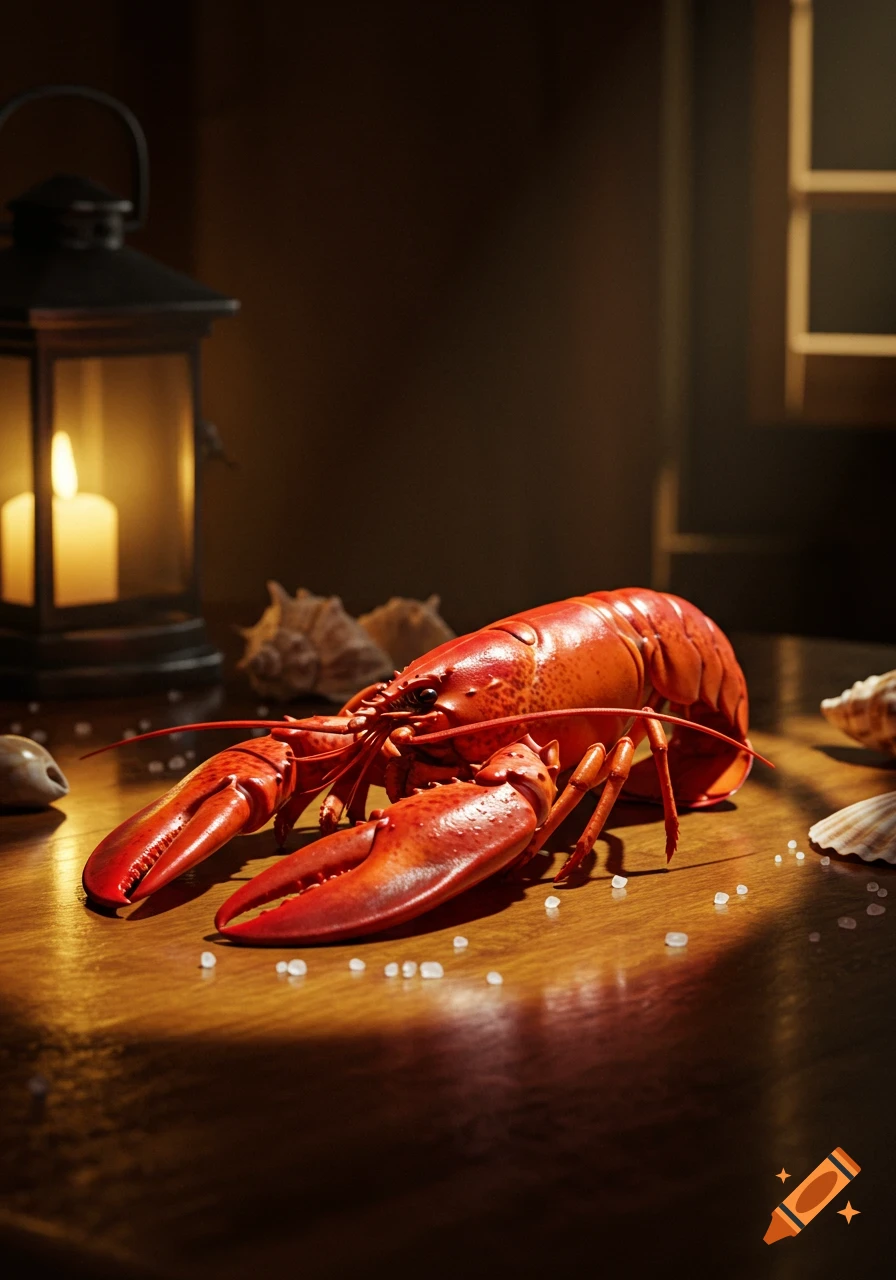 A cooked red lobster on a wooden table, illuminated by a candle in a lantern, surrounded by seashells and salt crystals.