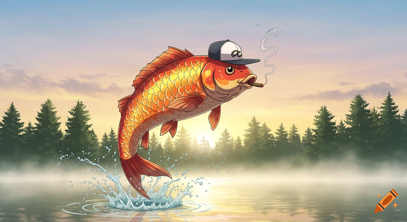 An anime-style fish, wearing a backwards baseball cap with "CC" logo and smoking a cigar, leaps from a misty lake at sunrise with a forest background.