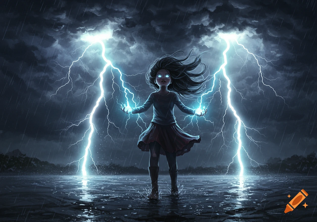 A young girl with glowing eyes and hands stands in a stormy, rainy landscape, summoning two large bolts of lightning.
