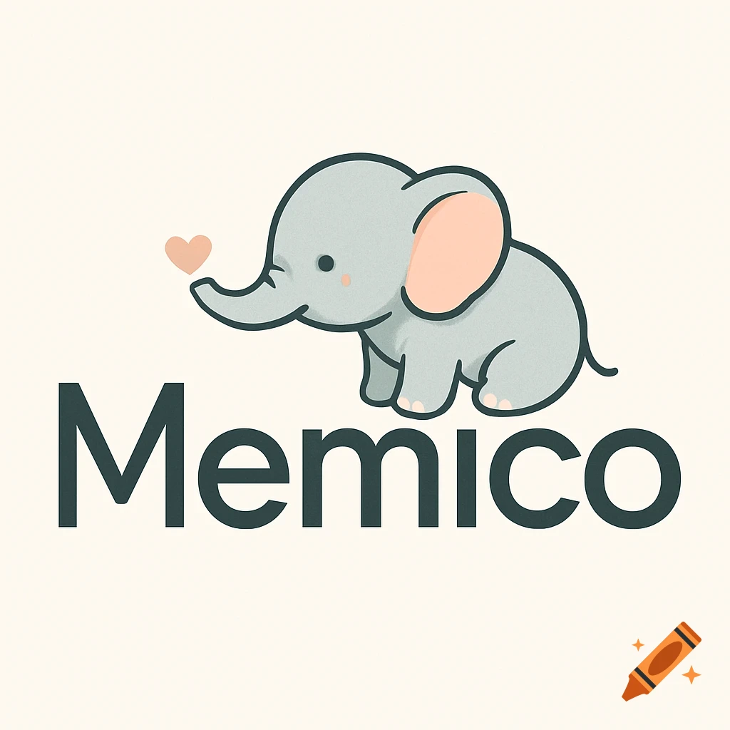A cute cartoon elephant with a heart on its trunk sitting above the word "Memico" in a playful logo design.