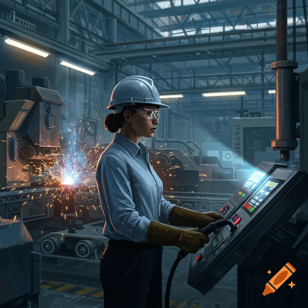 An industrial employee in a hard hat and safety glasses operates a control panel in a factory, with welding sparks in the background. Photorealistic style.