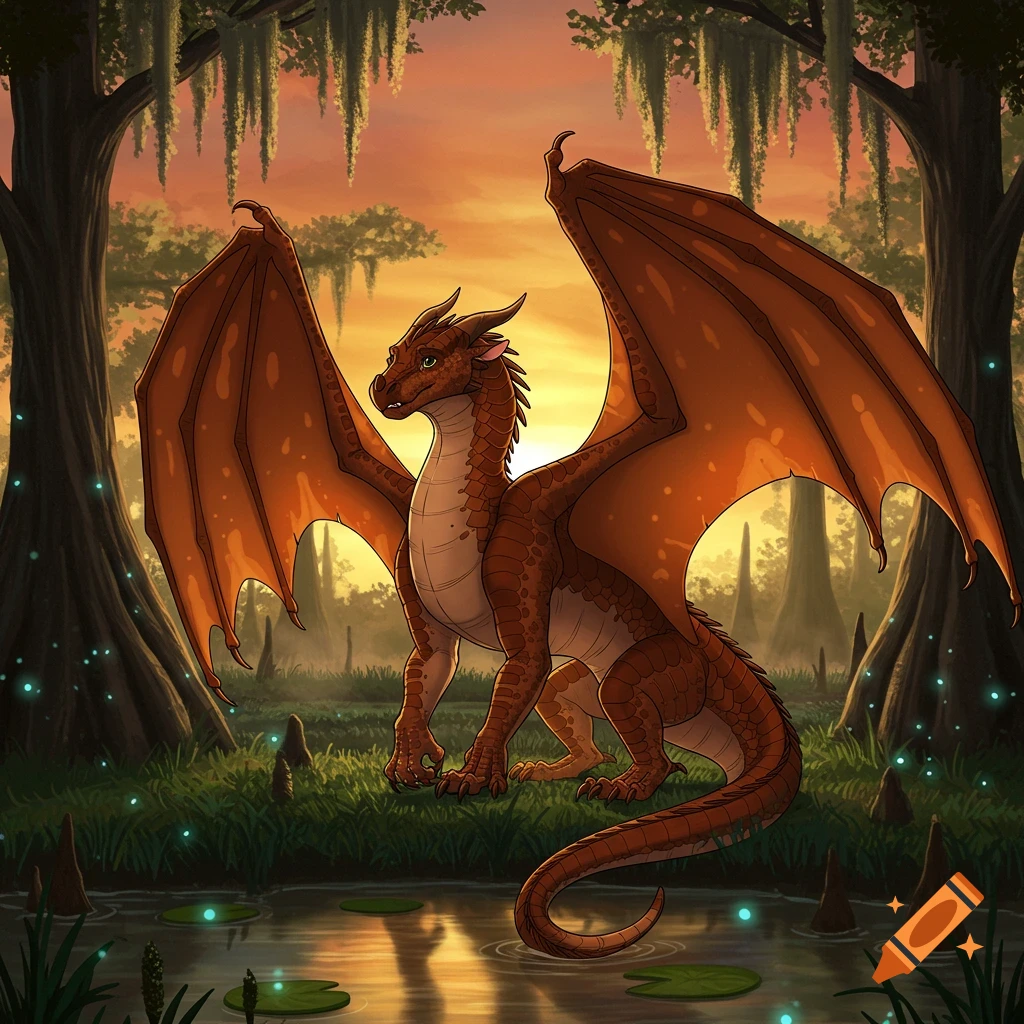 A brown dragon with large wings stands in a misty swamp at sunset, surrounded by cypress trees and glowing plants.