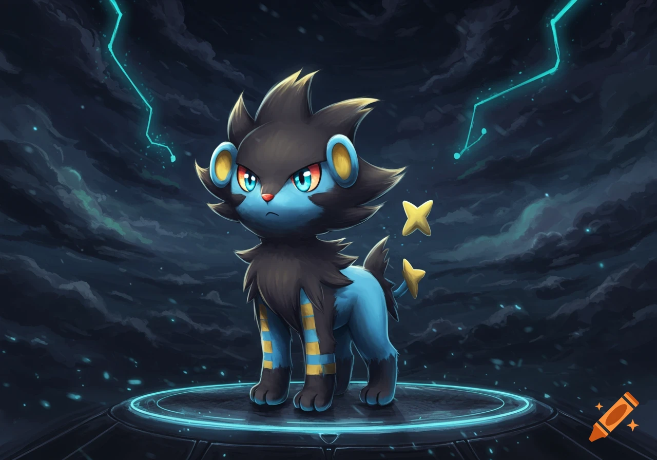A cute Luxray, a black and blue cat-like Pokemon, stands on a glowing platform under a dark, stormy, futuristic sky with lightning.