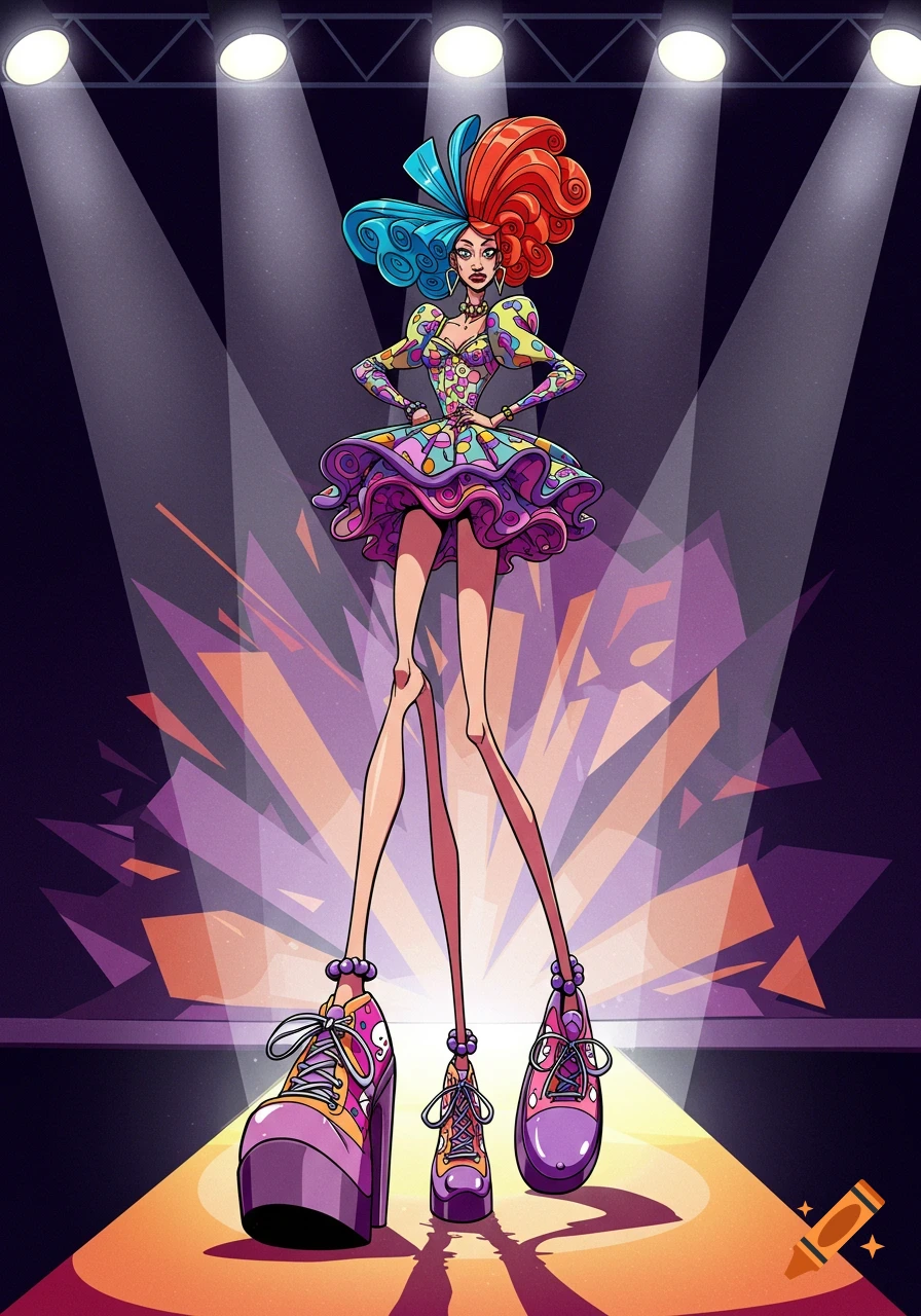 An exaggerated cartoon character with long legs, a colorful ruffled dress, and mismatched platform shoes stands on a spotlighted stage.