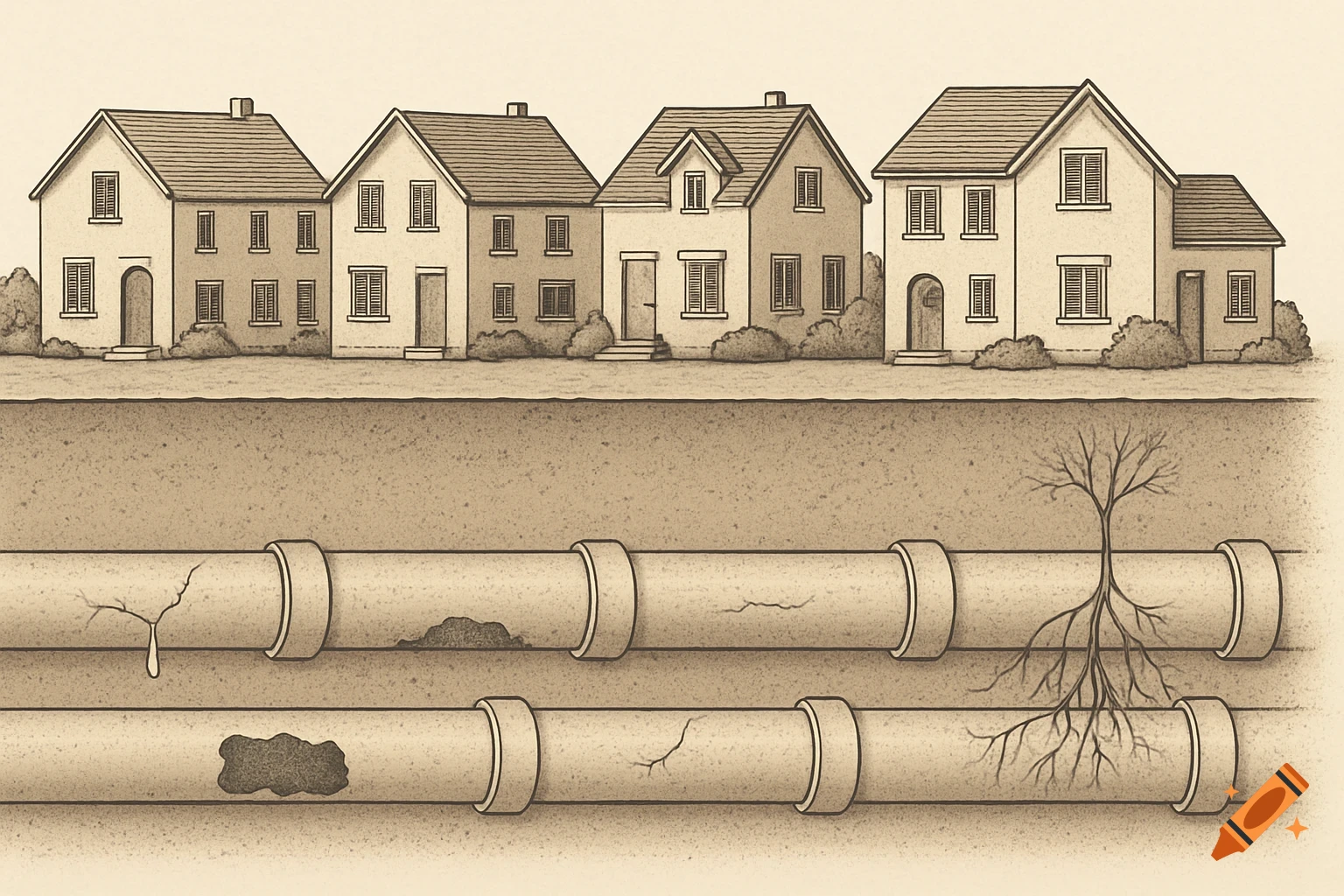 Illustration of a ground cross-section showing houses above and damaged underground sewer pipes with cracks, leaks, and tree roots.