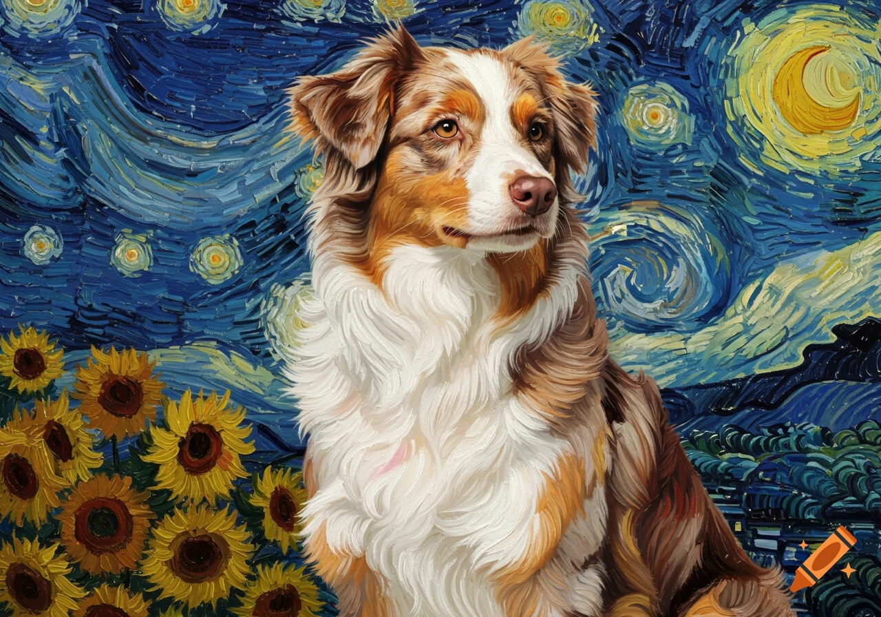 A brown, white, and tan Mini Aussie dog in a vibrant Van Gogh style painting with a starry night sky and sunflowers.