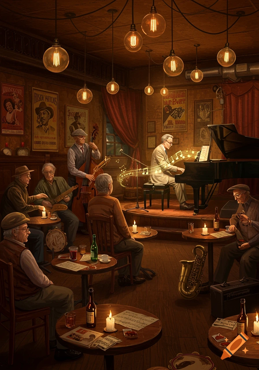Elderly men play jazz instruments in a dimly lit, cozy music club, while other patrons listen at small tables with drinks and candles. Stylized art.