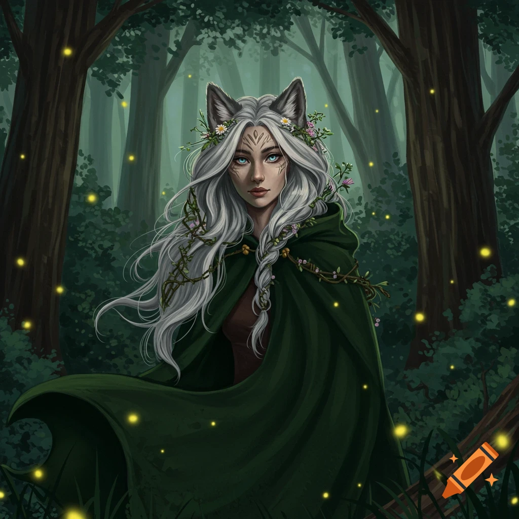 Fantasy wolf girl with white hair, wolf ears, and a green cloak in a dark, mystical forest with fireflies, digital art.