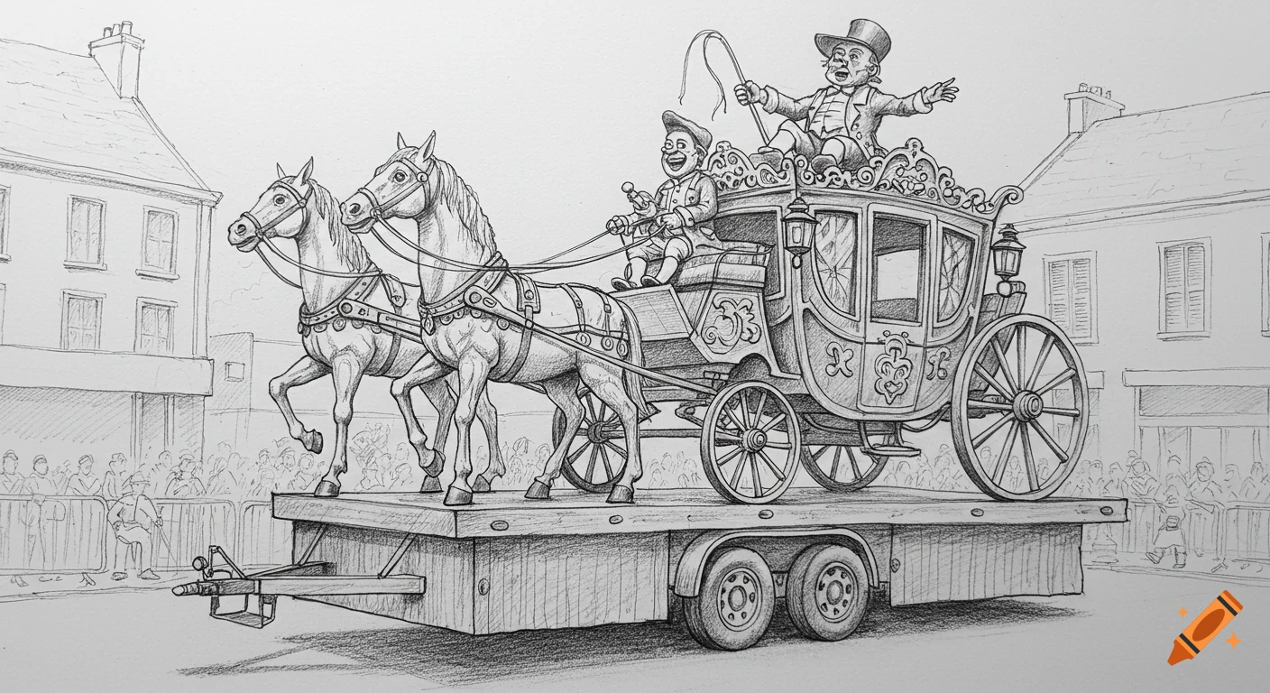 A detailed black and white pencil sketch of a carnival float with a horse-drawn carriage and disproportionately large coachmen on a street.