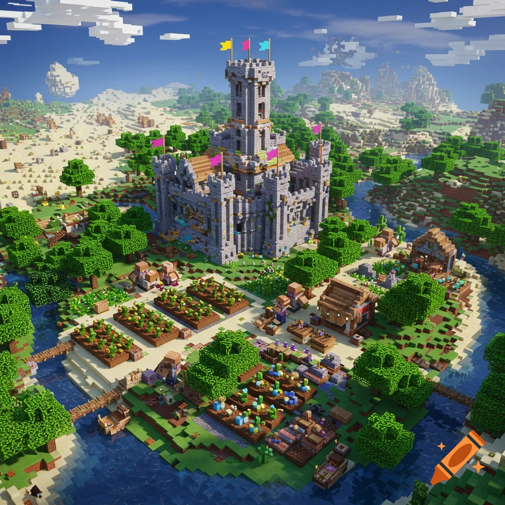 Overhead view of a detailed Minecraft world with a grand castle, village, farms, trees, and rivers, surrounded by deserts and mountains.