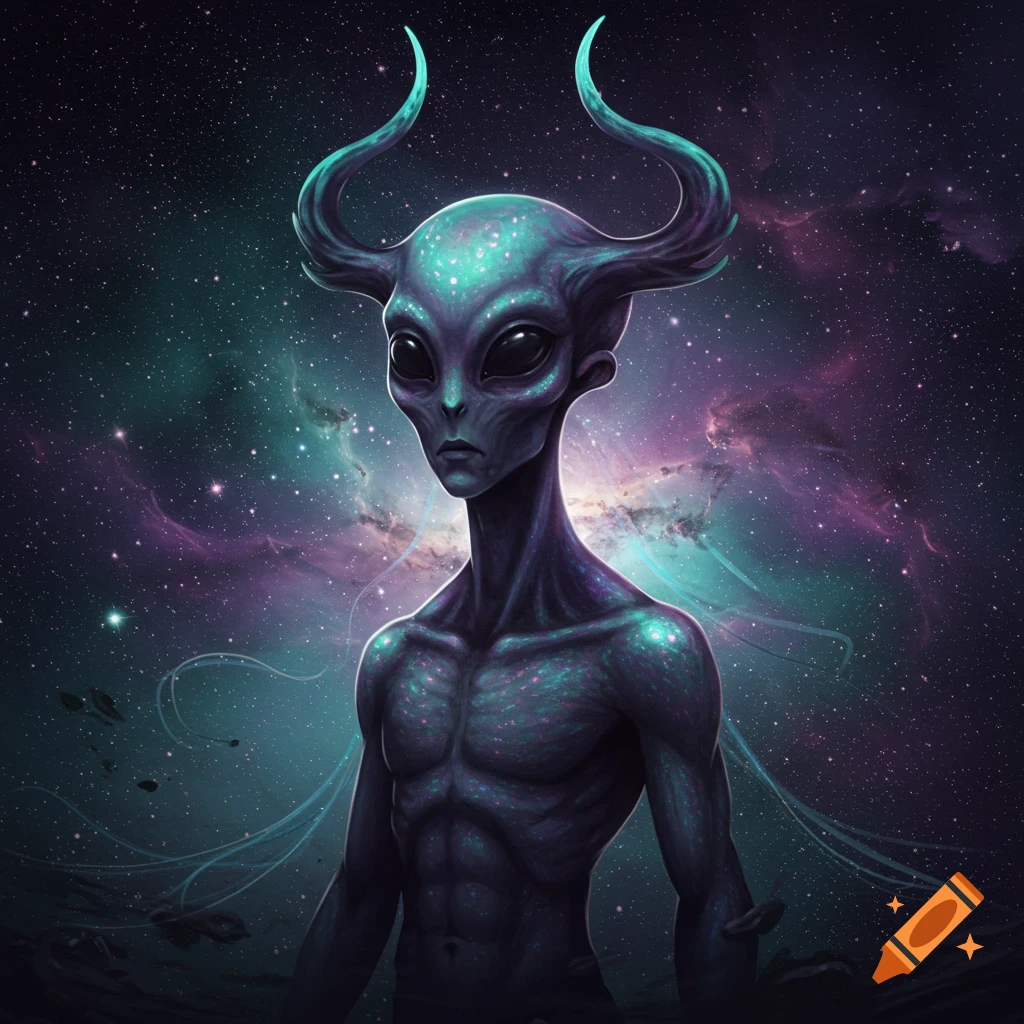 A stylized alien with glowing teal skin, horn-antennas, and large dark eyes, against a vibrant nebula and starry space.