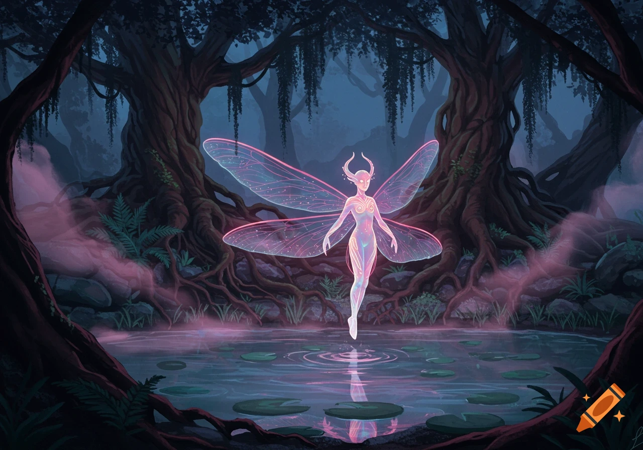 Ethereal glowing fairy with large wings stands over a misty pond in a dark, gnarled forest, fantasy art.