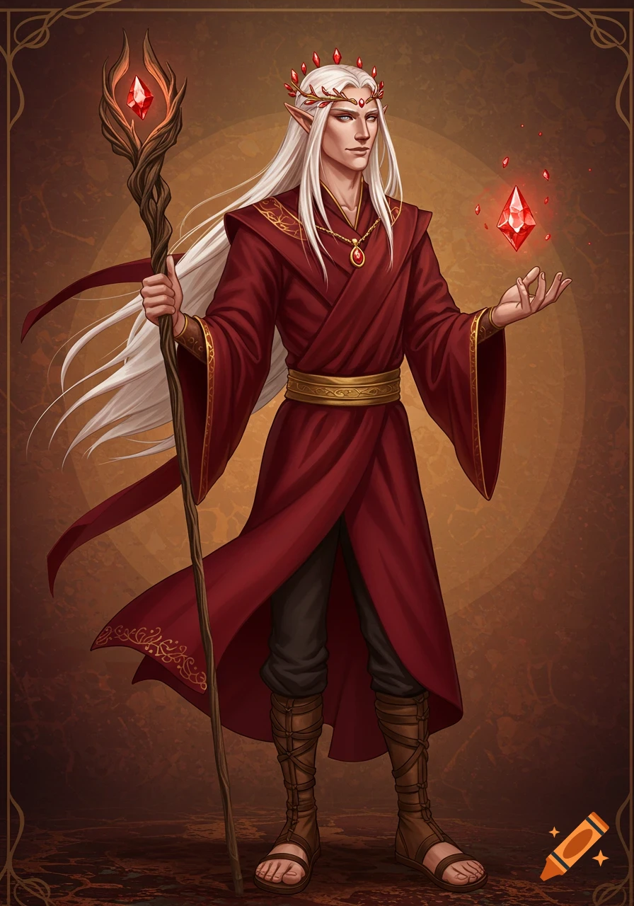 An elegant male elf with long white hair, red robes, and a ruby-studded crown, holding a gnarled staff with a glowing ruby and conjuring another floating ruby in his hand.