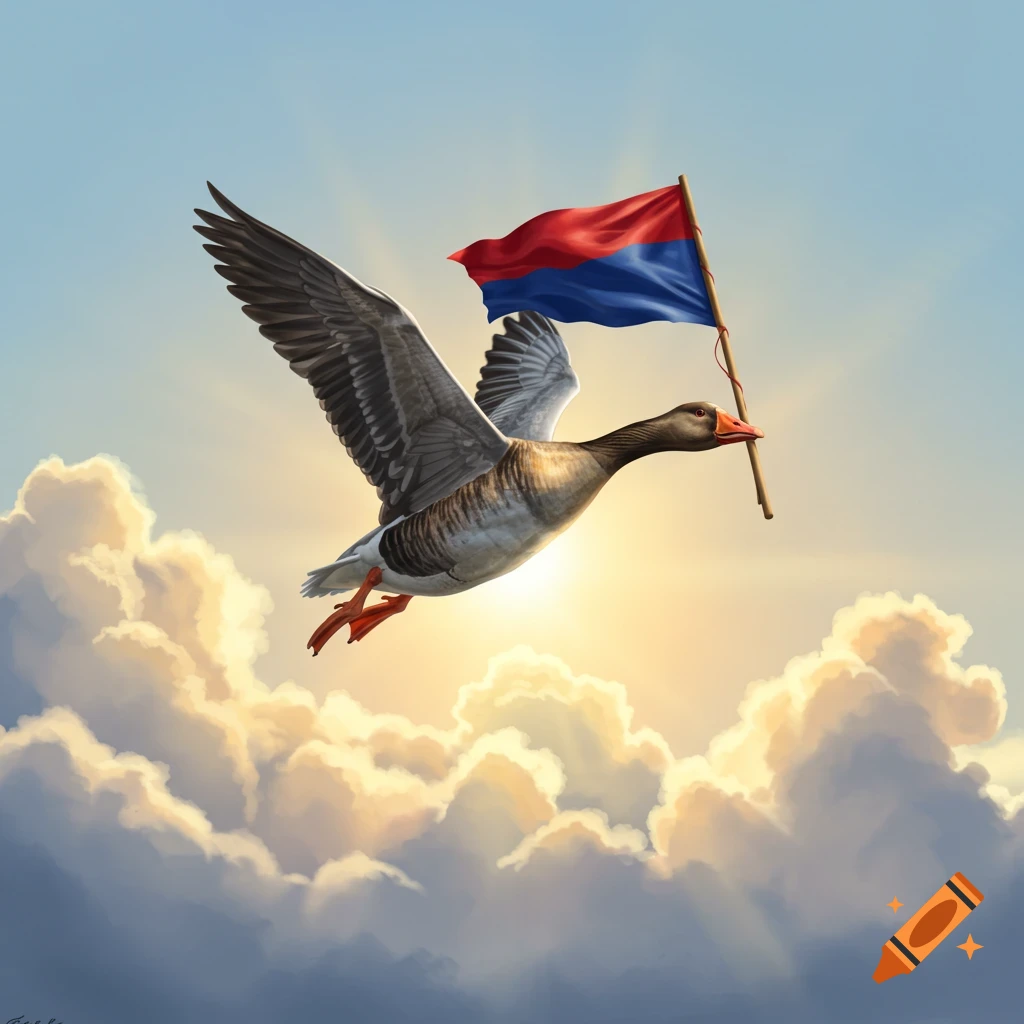 A goose flies through a bright, cloudy sky, carrying a small red and blue flag in its beak.