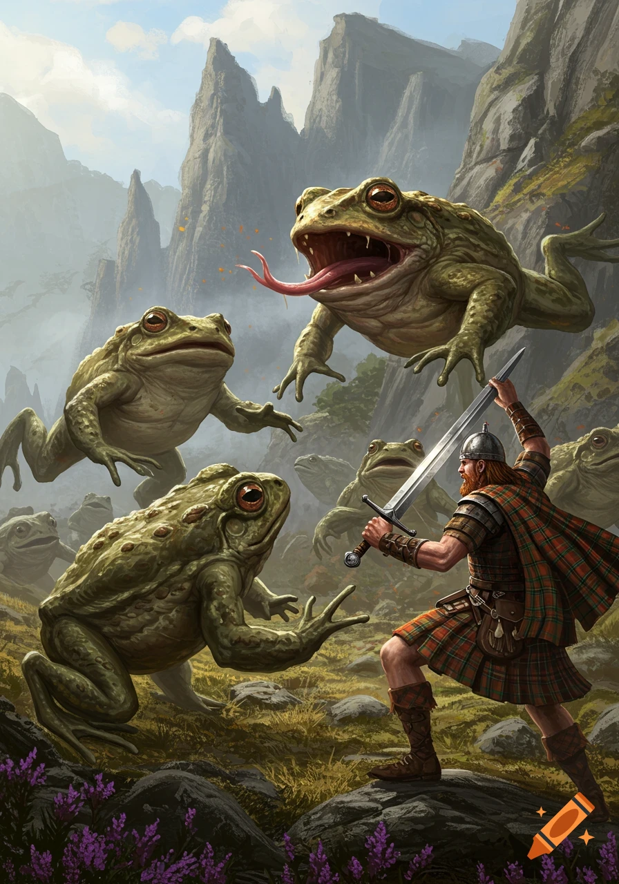 A man in a kilt battles giant, menacing frogs in a dramatic fantasy landscape.