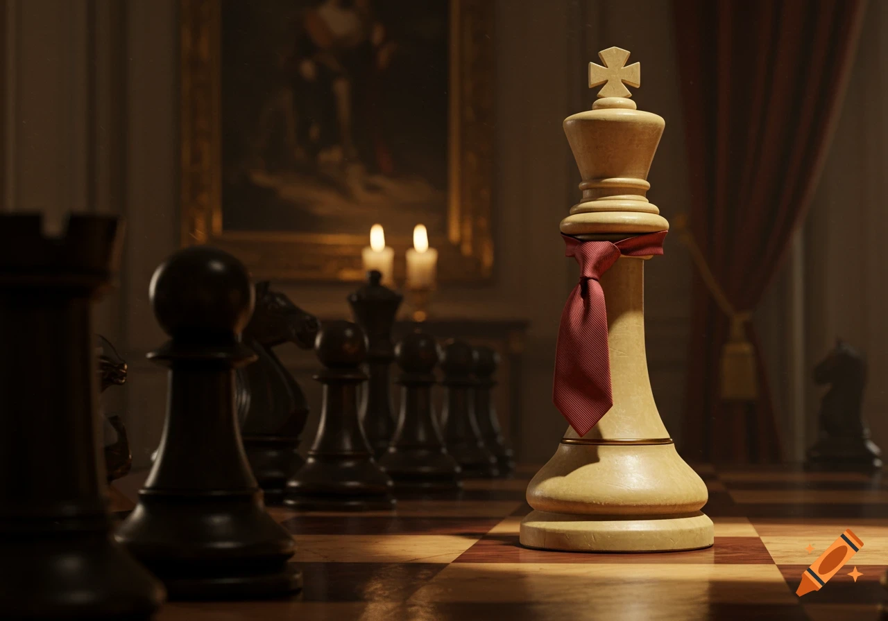 Close-up of a white chess king wearing a red tie on a chessboard, surrounded by dark chess pieces in a dimly lit room.