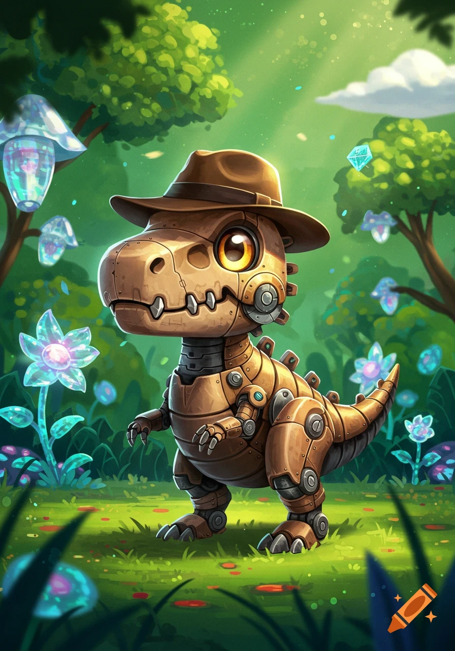 A cute, bronze robot dinosaur wearing a fedora stands in a whimsical forest with glowing plants.