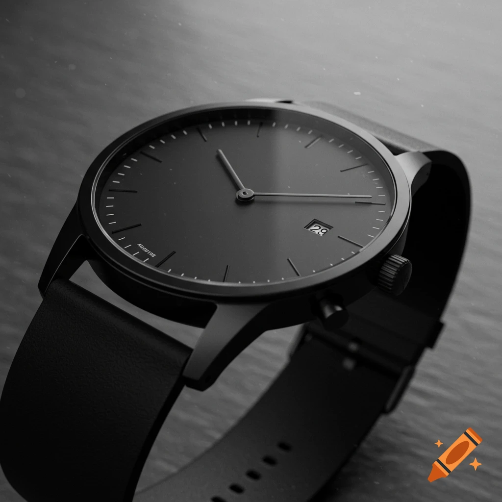 A close-up, high-quality shot of a minimalist black wristwatch with a black leather strap resting on a dark wooden surface.
