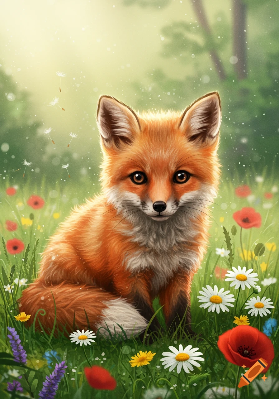 A cute, fluffy red fox sits in a lush green meadow filled with colorful wildflowers and dandelion seeds, in a digital art style.