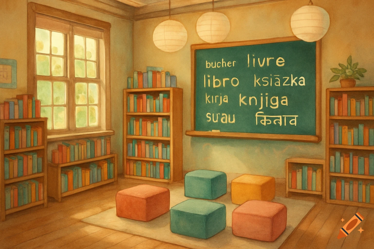 A cozy, warm-toned classroom features bookshelves filled with colorful books, a large window, and a blackboard displaying the word "book" in various languages. Four soft poufs are arranged on a rug in the center. Painted in a watercolor style.