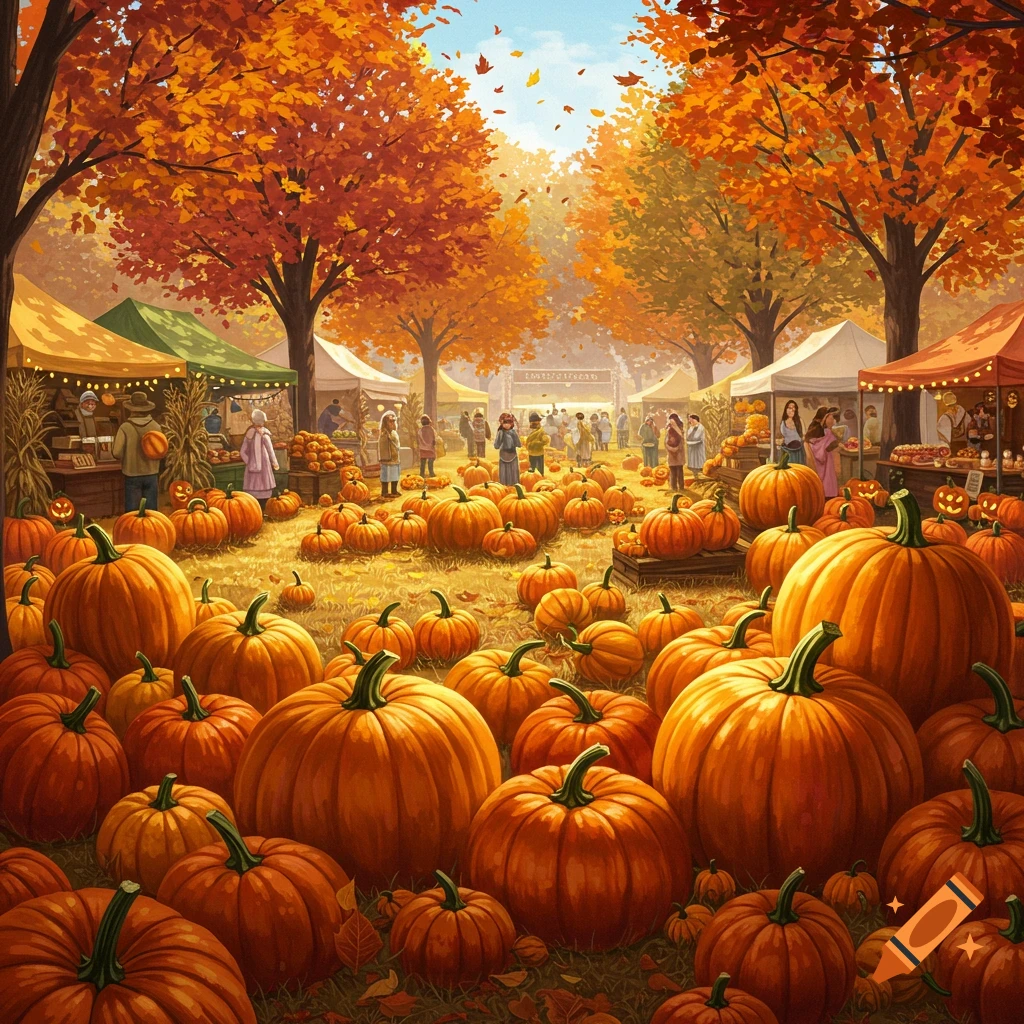 A vibrant autumn scene at a pumpkin festival, with numerous orange pumpkins on the ground, market stalls, and people under colorful fall foliage.