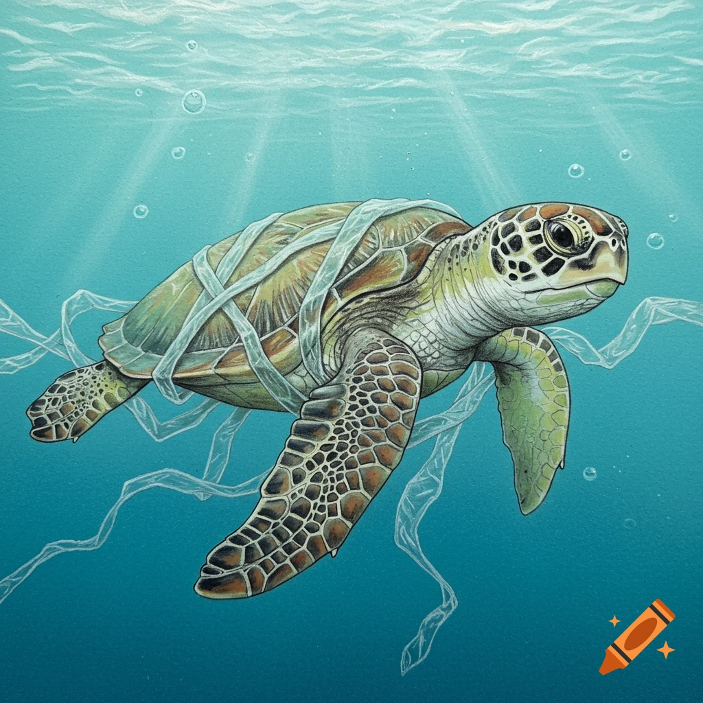 Illustration of a sea turtle swimming underwater, entangled in plastic waste.