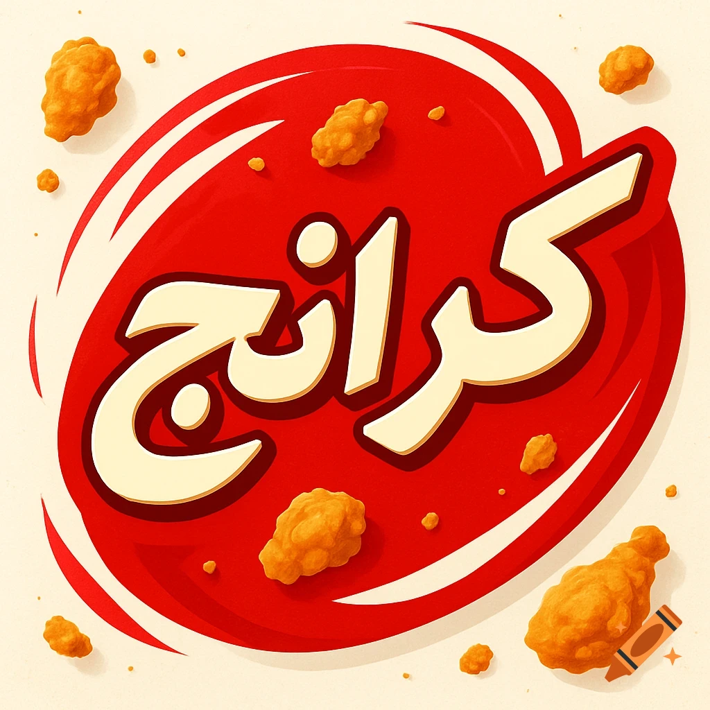 Graphic illustration of a red oval logo with Arabic text 'کرانچ' (Crunch), surrounded by crispy fried chicken pieces.