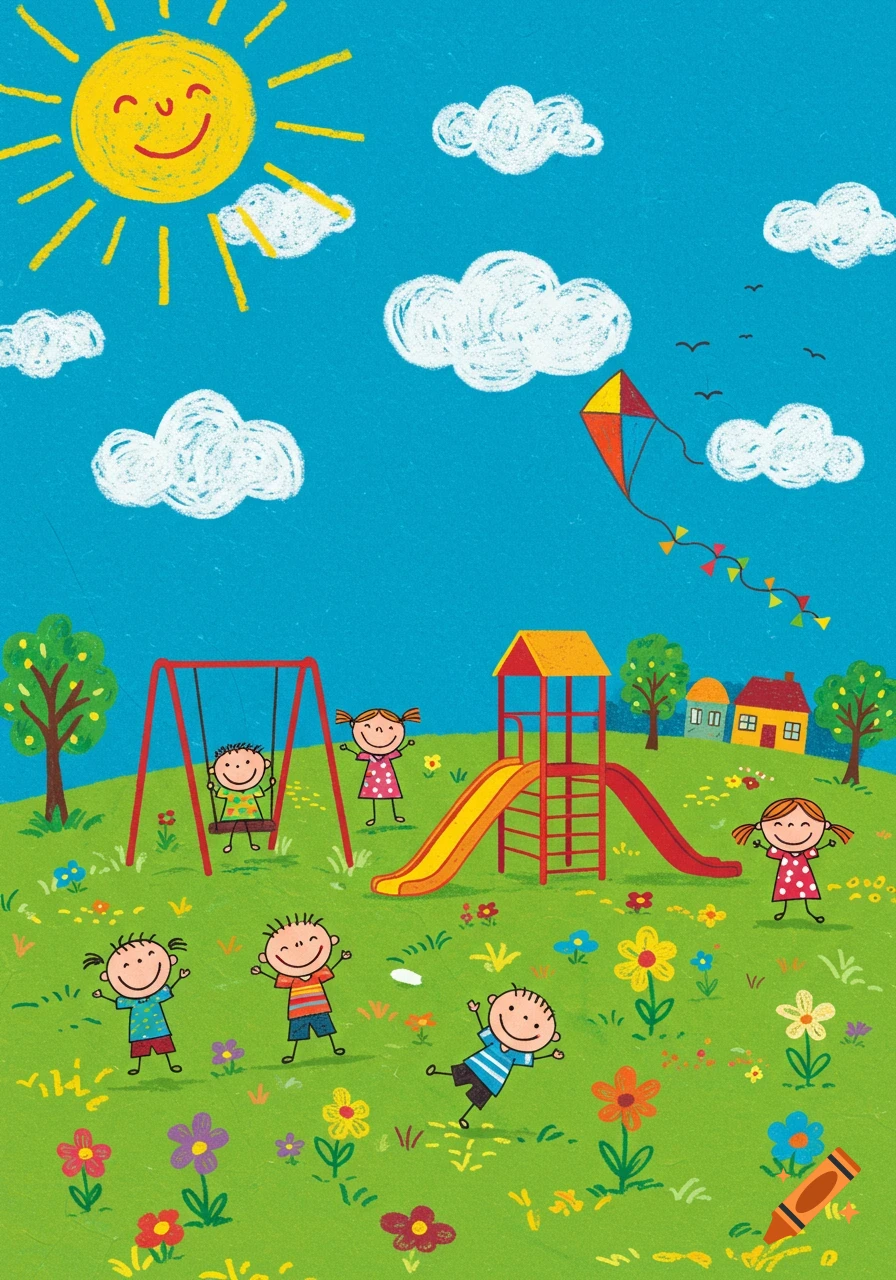 Colorful crayon drawing of happy children playing on a playground with swings and a slide under a smiling sun.