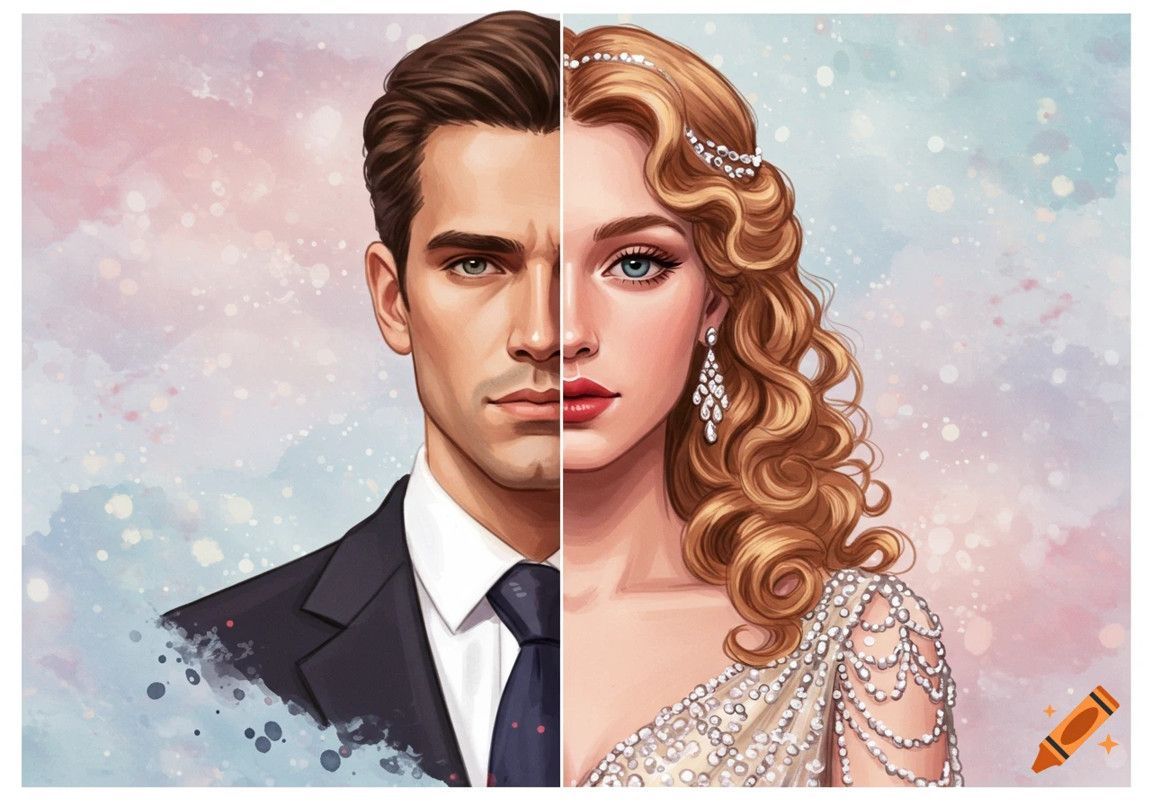 A stylized illustration of a man's face split with a woman's face, on a dreamy, pastel watercolor background.