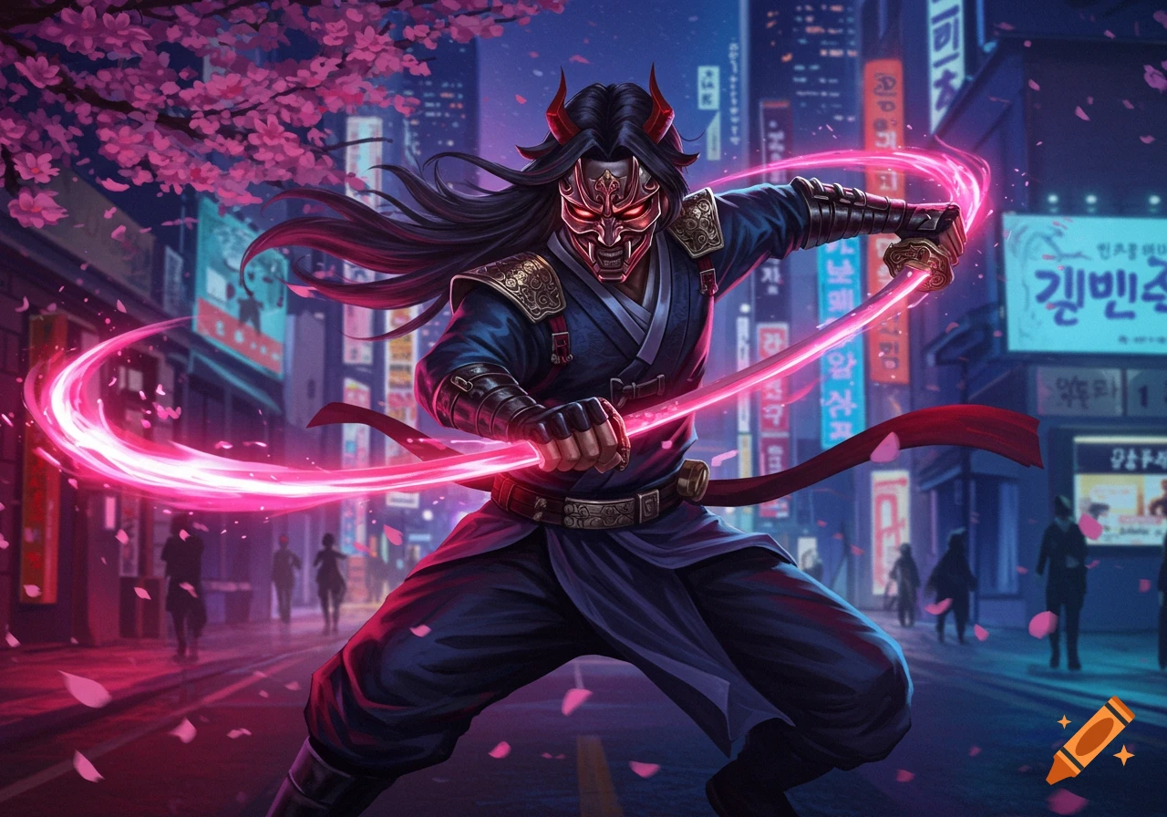 A masked demon hunter with horns and a glowing pink sword stands in a neon-lit futuristic city street with cherry blossoms.