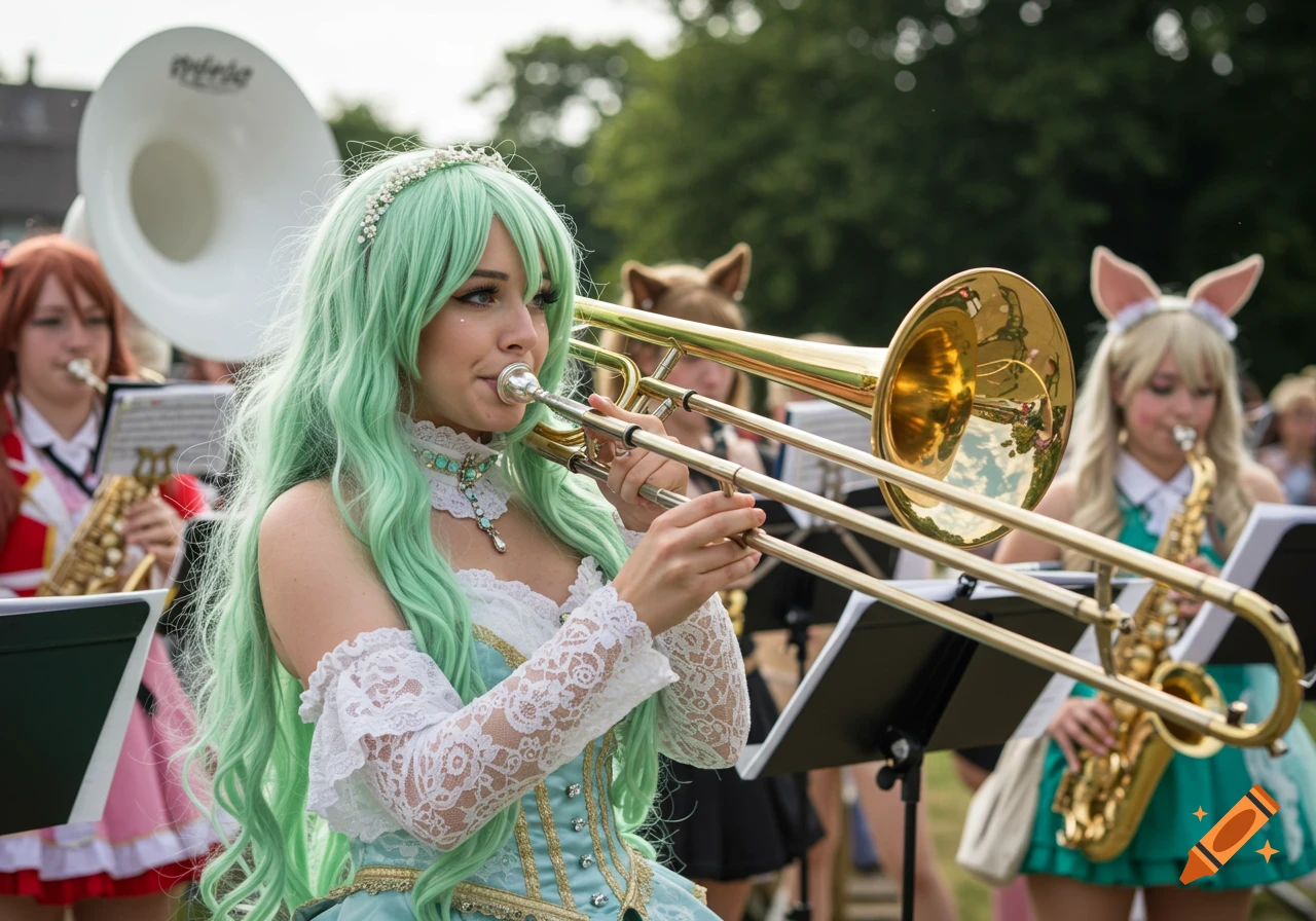 A young woman with long green hair in a fantasy-inspired cosplay outfit plays a trombone in an outdoor brass band.