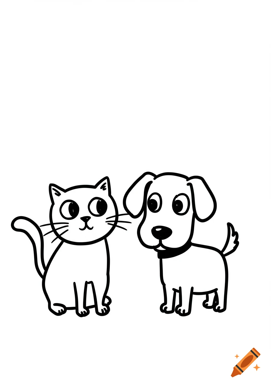 A simple black marker drawing of a cat and a dog, depicted in a childlike, cartoon style.