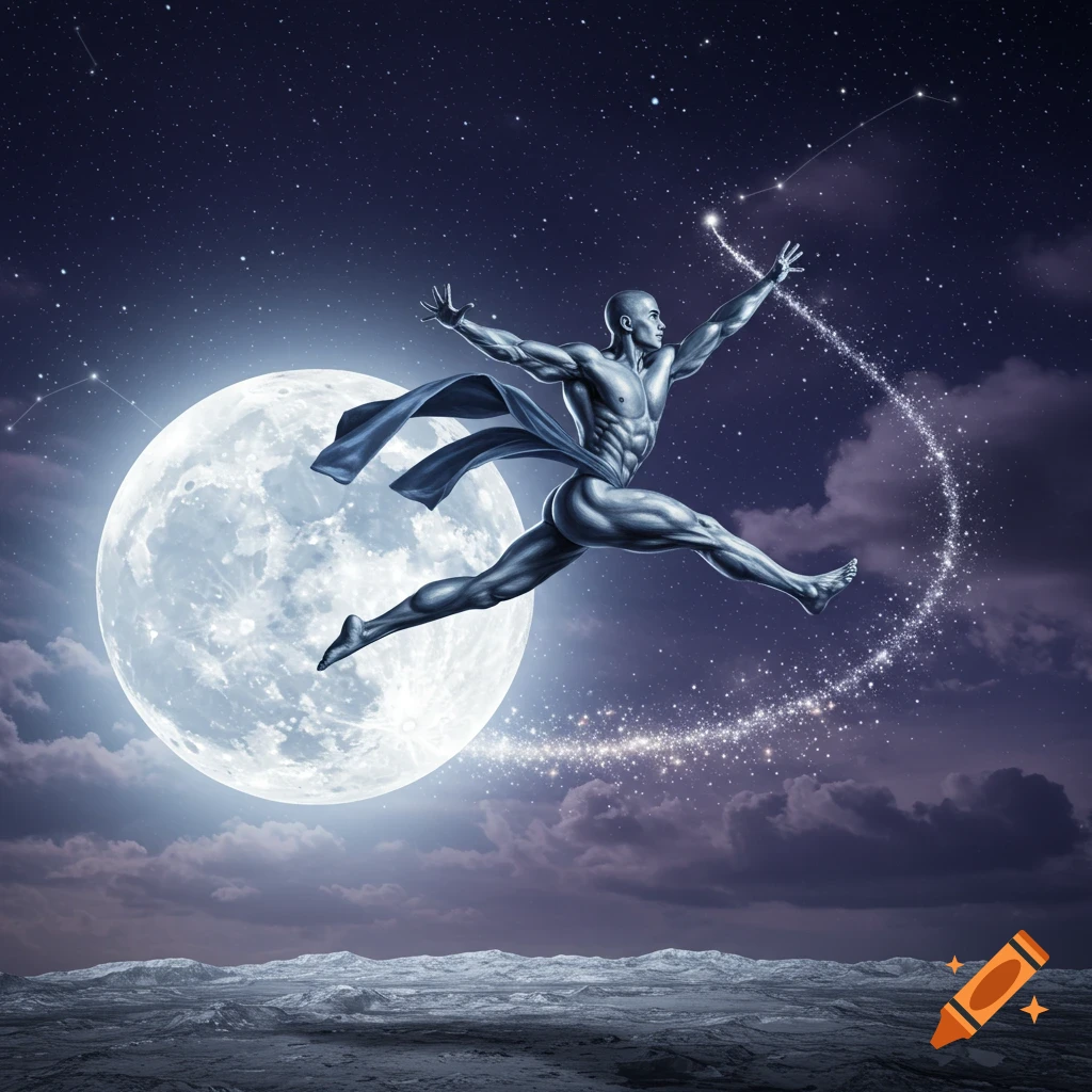 Stylized muscular man leaps gracefully across a starry night sky, with a bright full moon behind him and a desolate landscape below.